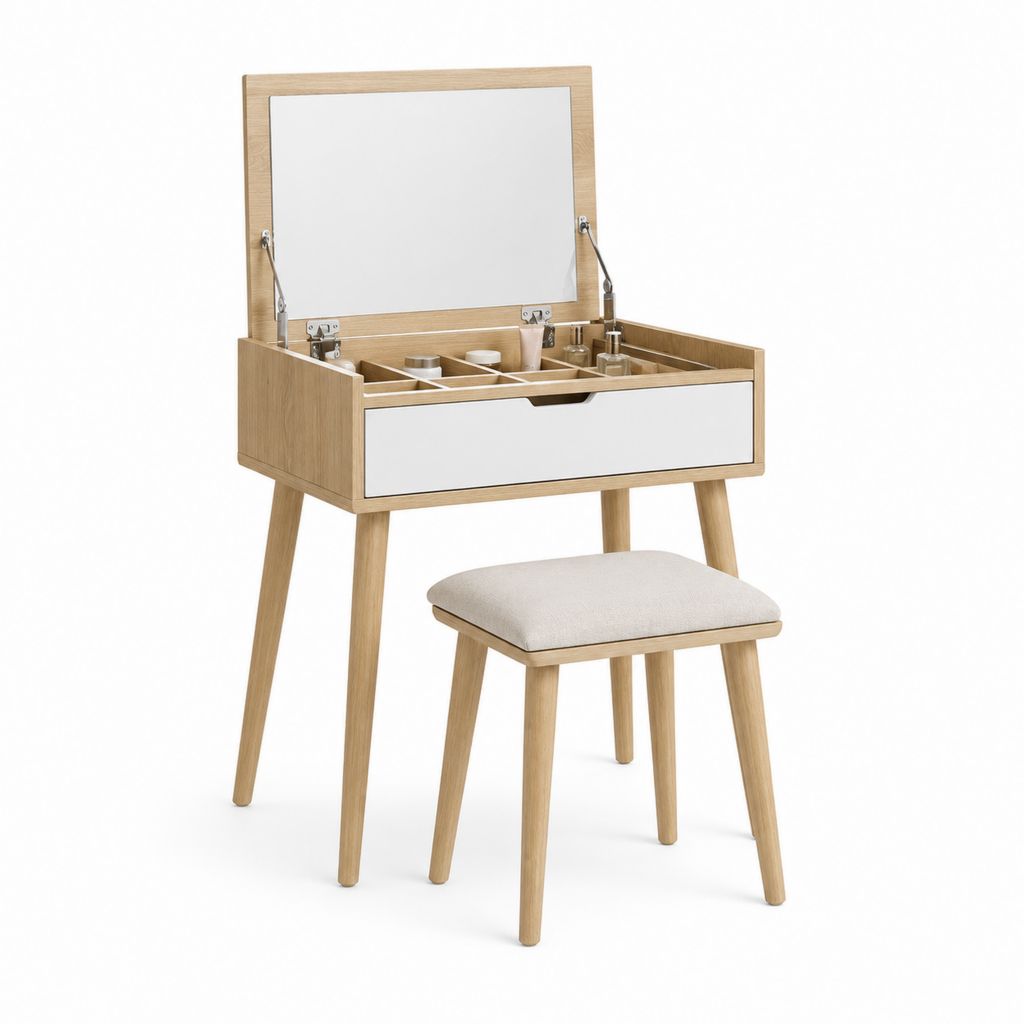 Coiffeuse rectangulaire avec miroir relevable rangement et tabouret chêne clair blanc 80 x 40 x 130 cm