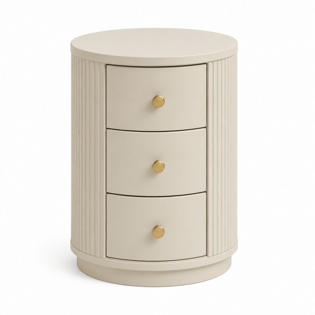 Table de chevet ronde à 3 tiroirs beige en MDF diamètre 45 cm hauteur 60 cm