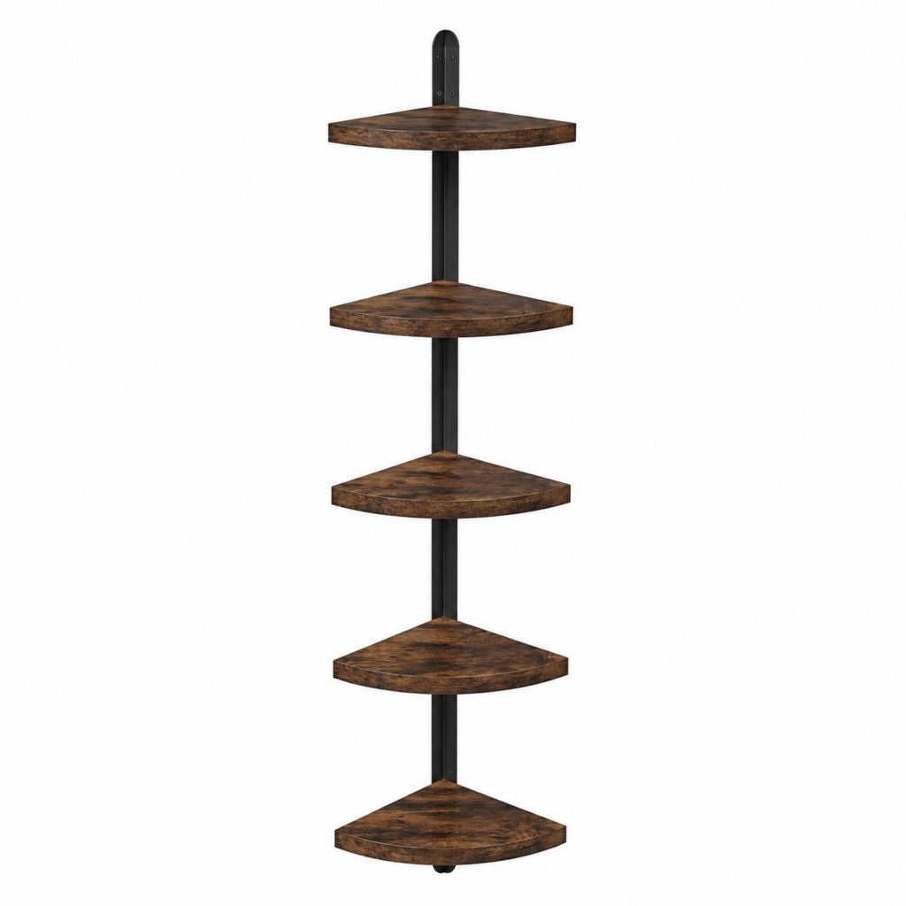 Étagère murale d'angle 5 niveaux marron foncé et noir en panneaux MDF et acier 30 x 30 x 120 cm