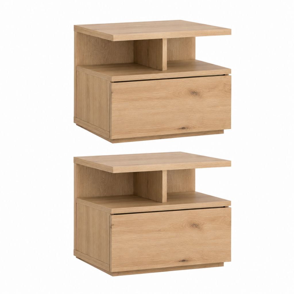 Lot de 2 tables de chevet en panneaux de particules décor chêne avec tiroir et niche ouverte 50 x 40 x 50 cm