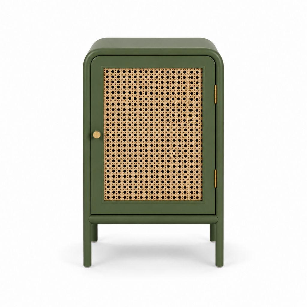 Table de chevet avec porte en cannage vert olive MDF rectangulaire 40 x 35 x 65 cm