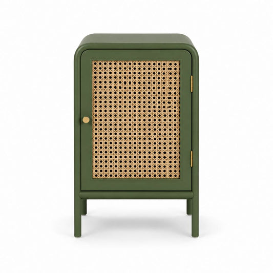 Table de chevet avec porte en cannage vert olive MDF rectangulaire 40 x 35 x 65 cm