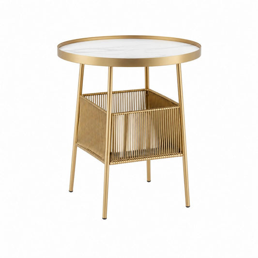 Table d'appoint de jardin ronde dorée en acier avec plateau effet marbre 45 x 60 cm