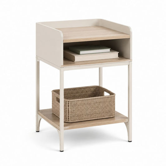 Table de chevet avec étagères beige et chêne clair en panneaux MDF et acier 45 x 35 x 65 cm