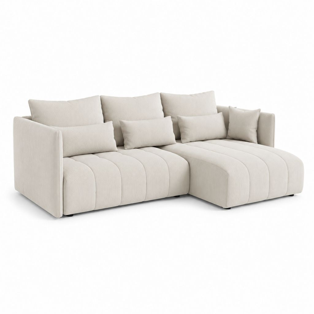 Canapé d'angle 3 places avec méridienne droite beige en polyester côtelé 280 x 165 x 82 cm