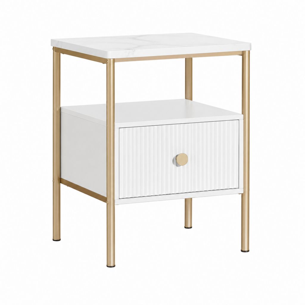 Table de chevet avec tiroir blanche et dorée en MDF et acier 45 x 35 x 60 cm