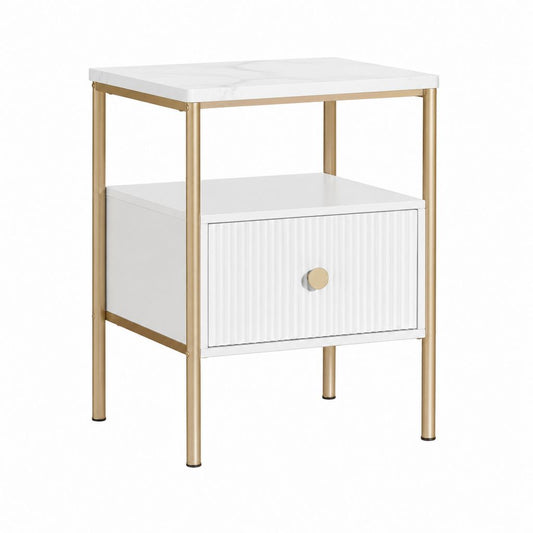 Table de chevet avec tiroir blanche et dorée en MDF et acier 45 x 35 x 60 cm
