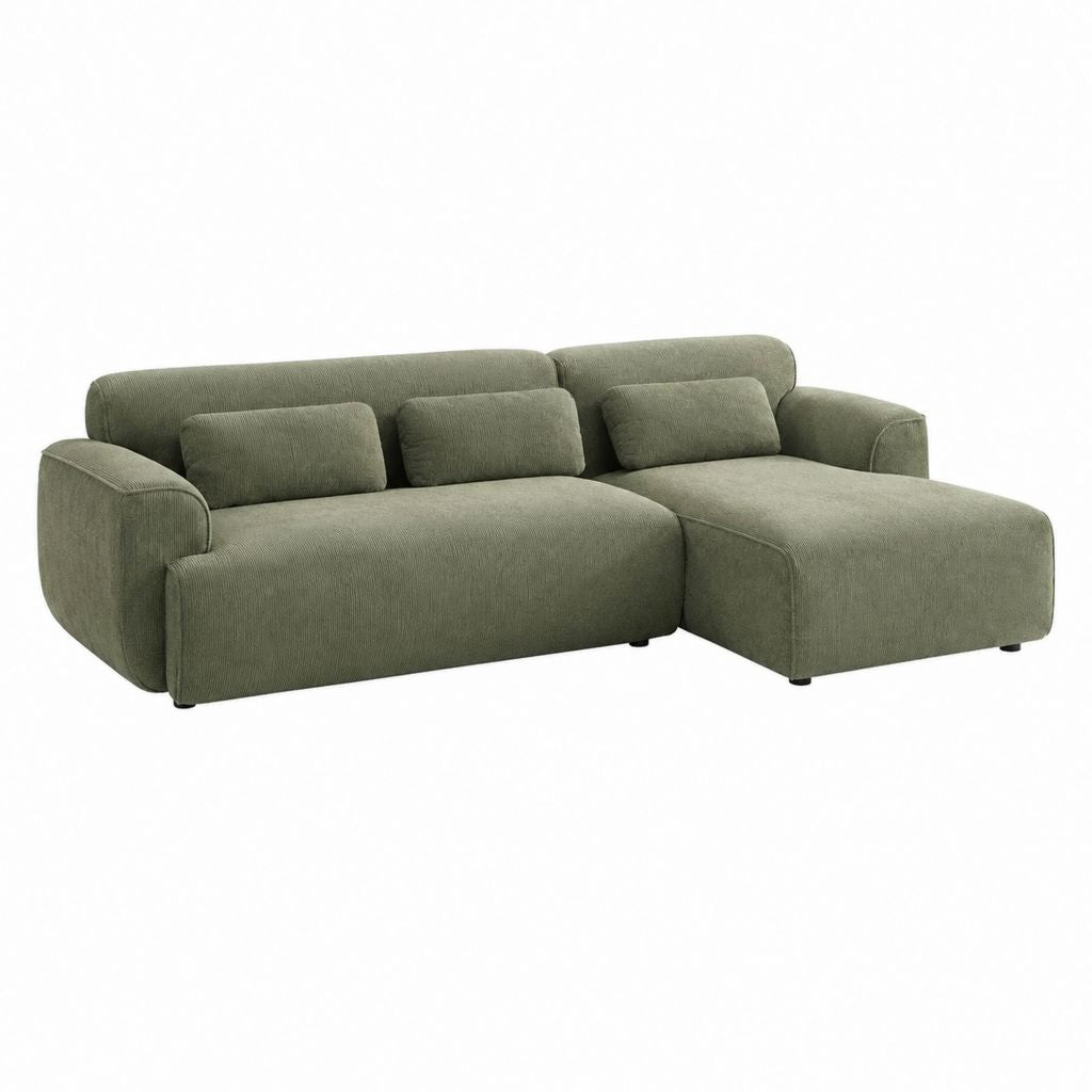 Canapé d'angle 3 places vert kaki en velours côtelé polyester avec méridienne droite 250 x 160 x 78 cm