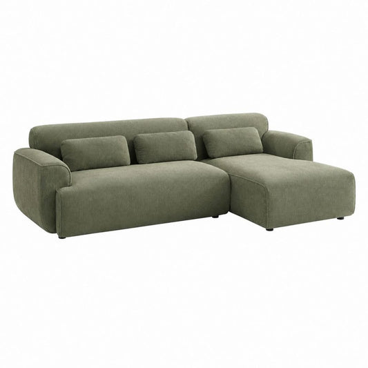 Canapé d'angle 3 places vert kaki en velours côtelé polyester avec méridienne droite 250 x 160 x 78 cm