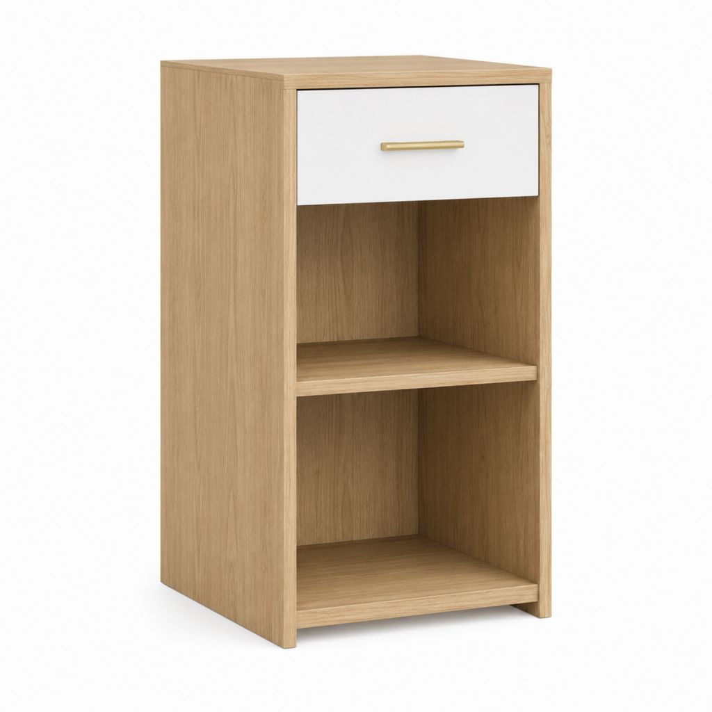 Table de chevet haute avec tiroir et 2 niches chêne clair blanc 40 x 35 x 70 cm